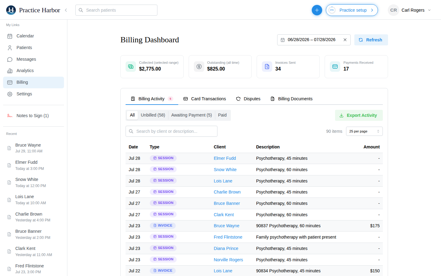 The billing dashboard in Practice Harbor