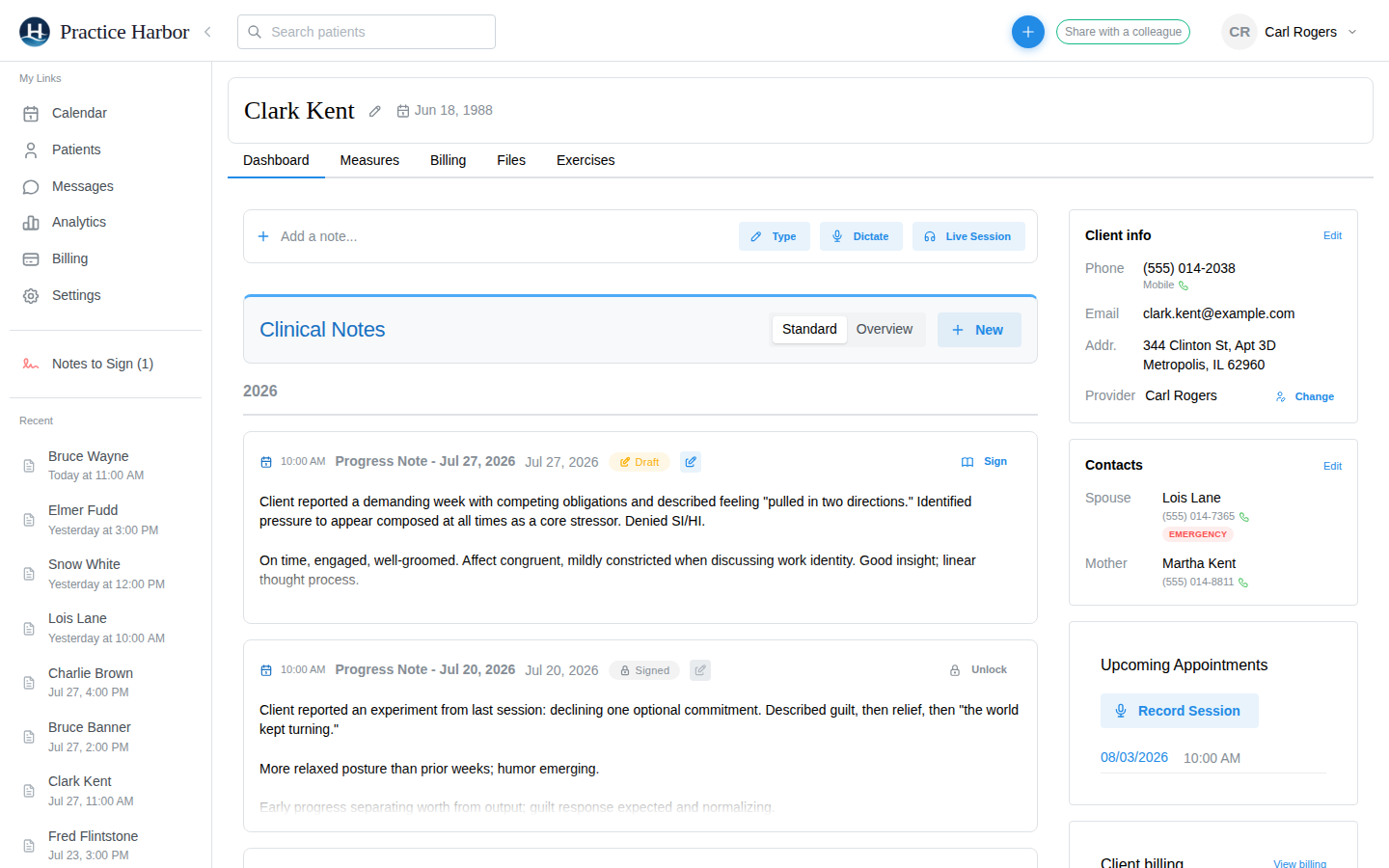 Draft and signed progress notes on a client chart